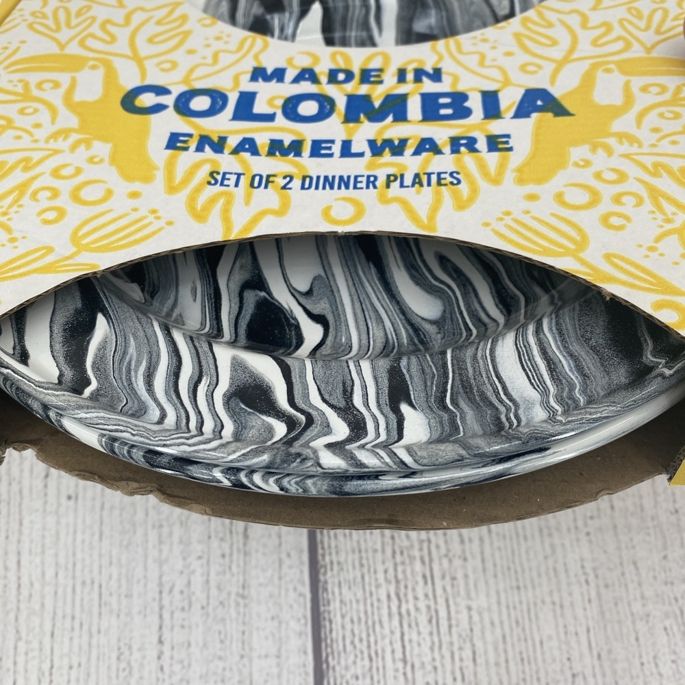 Artesano Enamelware Dinner Plates (Set of 2) Black Swirl Made In Colombia 10" - Picture 11 of 12